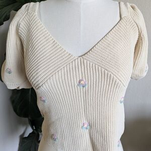 Astr the Label Cream Knit Top with Pastel Floral Embroidery